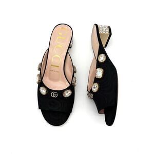 Gucci Moire Crystal Embellished Lyric Interlocking GG Slip On Slides Mules 37.5